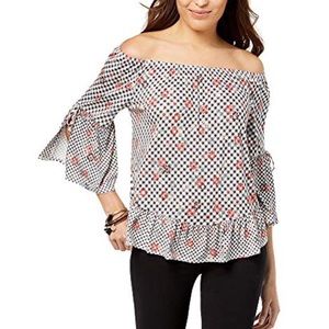 Style & Co Gingham Floral Off Shoulder Top Medium